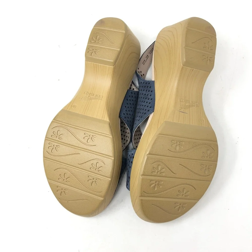 Dansko Womens 40 Jacinda Sandals Blue Perforated Leather Wedge Slingback
